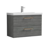 Balterley 800mm Wall Hung Bathroom 2 Drawer Vanity Unit and 1 Tap Hole Ceramic Basin, Woodgrain Anthracite with Copper Handles