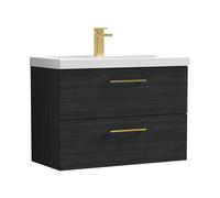 Balterley 800mm Wall Hung Bathroom 2 Drawer Vanity Unit and 1 Tap Hole Ceramic Basin, Woodgrain Black with Brushed Brass Handles