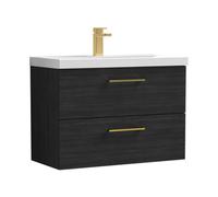 Balterley 800mm Wall Hung Bathroom 2 Drawer Vanity Unit and 1 Tap Hole Ceramic Basin, Woodgrain Black with Brushed Brass Handles