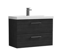Balterley 800mm Wall Hung Bathroom 2 Drawer Vanity Unit And 1 Tap Hole Ceramic Basin, Woodgrain Black With Brushed Pewter Handles