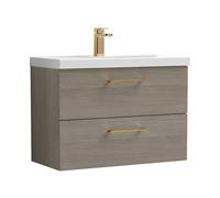 Balterley 800mm Wall Hung Bathroom 2 Drawer Vanity Unit and 1 Tap Hole Ceramic Basin, Woodgrain Mid Oak with Brushed Bronze Handles