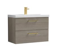 Balterley 800mm Wall Hung Bathroom 2 Drawer Vanity Unit and 1 Tap Hole Ceramic Basin, Woodgrain Mid Oak with Brushed Brass Handles