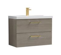 Balterley 800mm Wall Hung Bathroom 2 Drawer Vanity Unit and 1 Tap Hole Ceramic Basin, Woodgrain Mid Oak with Brushed Brass Handles