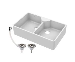 Balterley 895mm Butler White Kitchen Sink, Double Bowl Stepped Weir with Tap Ledge & 2 Waste with 1 Overflow, No Tap Hole, Durable Butler Fireclay Ceramic Kitchen Sink Bowl - 895 x 550 x 220mm (White)