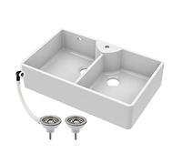 Balterley 895mm Butler White Kitchen Sink, Double Bowl Stepped Weir with Tap Ledge, Tap Hole & 2 Waste with 1 Overflow, Durable Butler Fireclay Ceramic Kitchen Sink Bowl - 895 x 550 x 220mm (White)