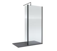 8mm Fluted Glass Walk In Wetroom Screen and Hinged Return with Black Profile and Grey Shower Tray - 1400 x 800mm
