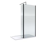 8mm Fluted Glass Walk In Wetroom Screen and Hinged Return with Black Profile and Shower Tray - 1400 x 800mm