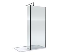 8mm Fluted Glass Walk In Wetroom Screen and Hinged Return with Black Profile and Shower Tray - 1400 x 900mm