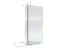 8mm Fluted Glass Walk In Wetroom Screen and Hinged Return with Brushed Brass Profile and Shower Tray - 1400 x 900mm