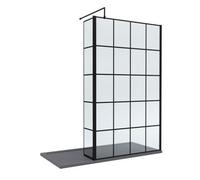 8mm Glass Walk In Wetroom Screen and Hinged Return Black Framed Design and Grey Shower Tray - 1700 x 800mm