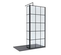 8mm Glass Walk In Wetroom Screen and Hinged Return Black Framed Design and Grey Shower Tray - 1400 x 900mm