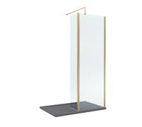 8mm Glass Walk In Wetroom Screen and Hinged Return Screen with Brushed Brass Profile and Grey Shower Tray - 1200 x 700mm