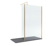 8mm Glass Walk In Wetroom Screen and Hinged Return Screen with Brushed Brass Profile and Grey Shower Tray - 1700 x 700mm