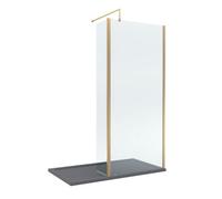 8mm Glass Walk In Wetroom Screen and Hinged Return Screen with Brushed Brass Profile and Grey Shower Tray - 1400 x 800mm