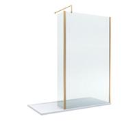 8mm Glass Walk In Wetroom Screen and Hinged Return Screen with Brushed Brass Profile and Shower Tray - 1700 x 900mm