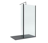 Balterley 8mm Glass Walk In Wetroom Screen And Hinged Return Screen With Matt Black Profile And Grey Shower Tray - 1400 X 700mm