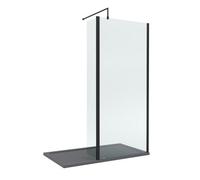 8mm Glass Walk In Wetroom Screen and Hinged Return Screen with Matt Black Profile and Grey Shower Tray - 1400 x 900mm