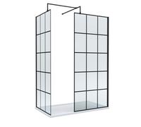 8mm Glass Walk In Wetroom Screens with Black Framed Design and White Shower Tray - 1400 x 700mm