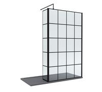 8mm Glass Walk In Wetroom Screen and Hinged Return Black Framed Design and Grey Shower Tray - 1700 x 700mm
