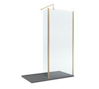 8mm Glass Walk In Wetroom Screen and Hinged Return Screen with Brushed Brass Profile and Grey Shower Tray - 1400 x 900mm
