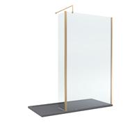 8mm Glass Walk In Wetroom Screen and Hinged Return Screen with Brushed Brass Profile and Grey Shower Tray - 1700 x 900mm