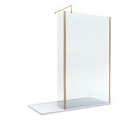 8mm Glass Walk In Wetroom Screen and Hinged Return Screen with Brushed Brass Profile and Shower Tray - 1700 x 900mm