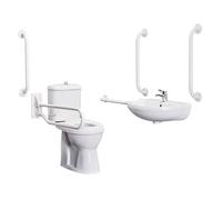 Balterley Doc M Pack Close Coupled Toilet Set, Comfort Height Pan, Cistern, Toilet Seat, Wall Mount Basin, Spray Mixer Tap, 5 Grab Rails & Drop Down Rail, WC Toilets for Bathrooms (White)