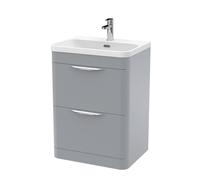 Aldershawe Contemporary Floor Standing 2 Drawer Vanity Basin Unit, Thin Edge Ceramic Basin, 600mm, Satin Grey