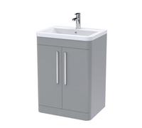 Aldershawe Contemporary Floor Standing 2 Door Vanity Basin Unit, Ceramic Basin, 600mm, Satin Grey