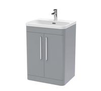 Aldershawe Contemporary Floor Standing 2 Door Vanity Basin Unit, Thin Edge Ceramic Basin, 600mm, Satin Grey