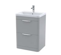 Aldershawe Contemporary Floor Standing 2 Drawer Vanity Basin Unit, Polymarble Basin, 600mm, Satin Grey