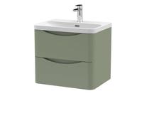 Balterley Arch Modern Bathroom Wall Hung 2 Drawer Vanity Unit & Ceramic Basin, Satin Green, 600mm