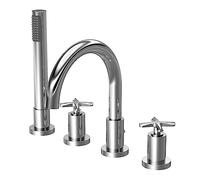 Balterley Bath Mixer Tap with Shower Kit, Dual Crosshead Round Bath Filler Tap, 4 Tap Holes, Round Head Showers for Bathrooms, Bathroom Taps with Shower Head and Hose Set - 345 x 207 x 236mm (Chrome)