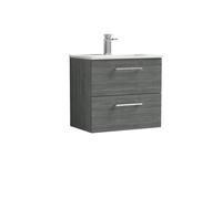 Balterley Level Contemporary Bathroom 2 Soft Close Drawer & Minimalist Wall Hung Vanity Unit Basin, Anthracite Woodgrain, 600mm