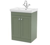 Traditional Floor Standing 2 Door Vanity Unit with 1 Tap Hole Fireclay Basin, 600mm - Satin Green