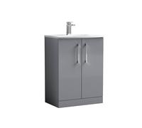 Balterley Level Modern Bathroom Floor Standing 2 Soft Close Door Vanity Unit & Curved Basin, Satin Grey, 600mm
