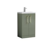 Balterley Level Compact Bathroom Cloakroom Vanity Basin Unit With Polymarble Basin, Brushed Brass Handles, 500mm, Satin Green