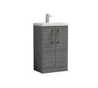 Balterley Level Compact Bathroom Cloakroom Vanity Basin Unit With Polymarble Basin, Brushed Pewter Handles, 500mm, Woodgrain Grey