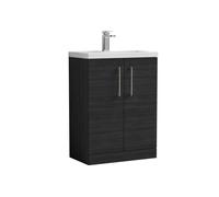 Balterley Level Compact Bathroom Cloakroom Vanity Basin Unit With Ceramic Basin, Brushed Pewter Handles, 600mm, Woodgrain Black