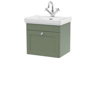 Traditional Wall Hung 1 Drawer Vanity Unit with 1 Tap Hole Fireclay Basin, 500mm - Satin Green