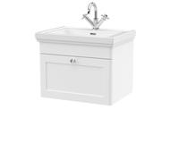 Traditional Wall Hung 1 Drawer Vanity Unit with 1 Tap Hole Fireclay Basin, 600mm - Satin White