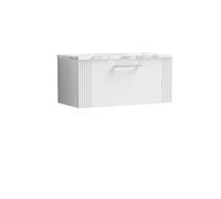 Partial Fluted 1 Drawer Wall Hung Vanity Unit with Carrera Marble Laminate Worktop - 800mm - Satin White