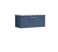 Balterley Belvide Partial Fluted 1 Drawer Wall Hung Vanity Unit With Carrera Marble Laminate Worktop - 800mm - Satin Blue
