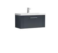 Balterley Belvide Partial Fluted 1 Drawer Wall Hung Vanity Unit With Mid-Edge 1 Tap Hole Ceramic Basin - 800mm - Satin Dark Grey