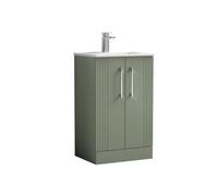 Partial Fluted 2 Door Floor Standing Vanity Unit with 1 Tap Hole Minimalist Basin - 500mm - Satin Green