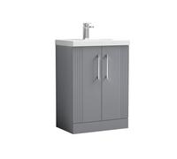 Balterley Belvide Partial Fluted 2 Door Floor Standing Vanity Unit With Mid-Edge 1 Tap Hole Ceramic Basin - 600mm - Satin Grey