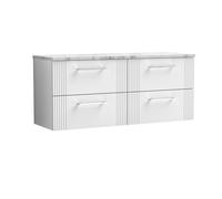 Balterley Belvide Partial Fluted 4 Drawer Wall Hung Vanity Unit With Carrera Marble Laminate Worktop - 1200mm - Satin White
