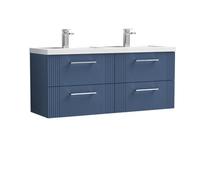 Partial Fluted 4 Drawer Wall Hung Vanity Unit with Double Polymarble Basin - 1200mm - Satin Blue