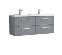 Partial Fluted 4 Drawer Wall Hung Vanity Unit with Double Polymarble Basin - 1200mm - Satin Grey