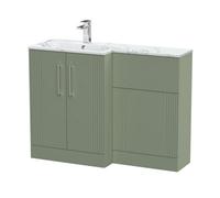 Balterley Belvide Retro Partially Fluted Floor Standing 2 Door Vanity Wc Unit And Carrera Marble Stone Basin, Left Hand, 1100mm, Satin Green
